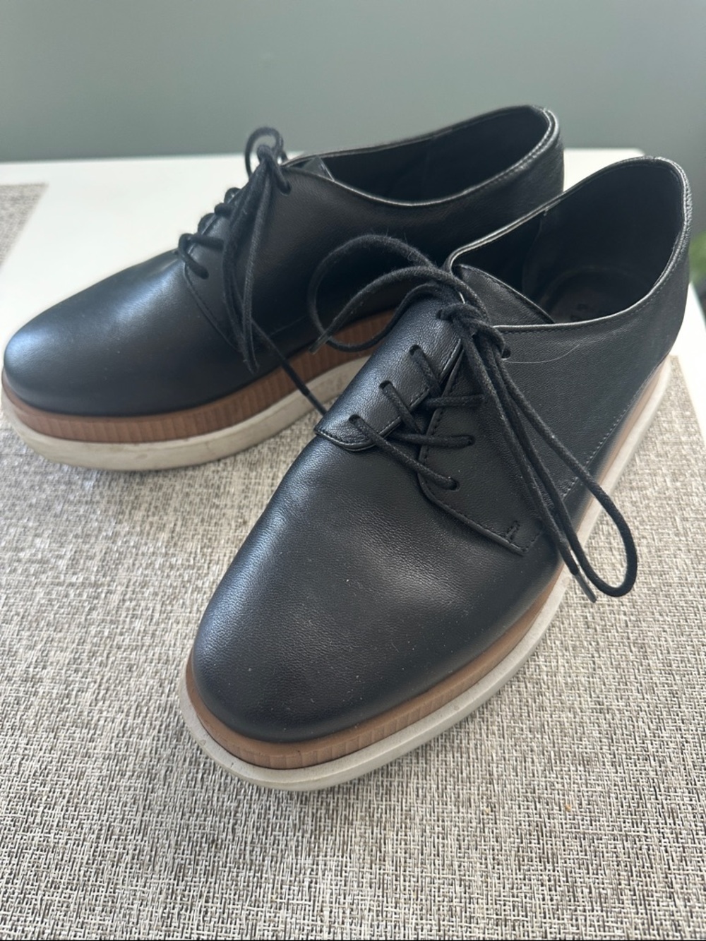 Womens Black Lace-Up Platform Oxfords